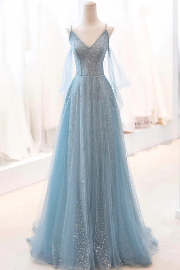 Dusty Blue Sparkly Tulle Long Prom Dress A-Line Spaghetti Strap Evening Dress