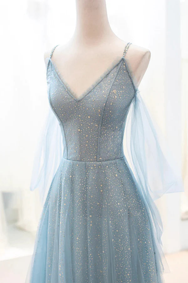 Dusty Blue Sparkly Tulle Long Prom Dress A-Line Spaghetti Strap Evening Dress