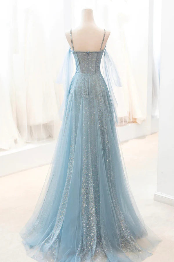 Dusty Blue Sparkly Tulle Long Prom Dress A-Line Spaghetti Strap Evening Dress
