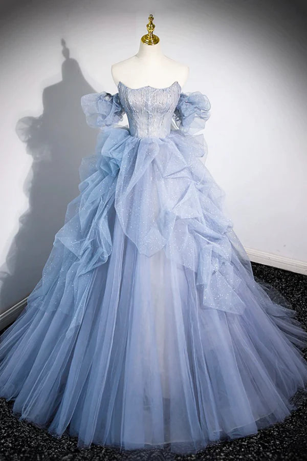 Blue Cascading Ruffles Long Prom Dresses A-Line Strapless Short Sleeve Sweep Train Evening Dress