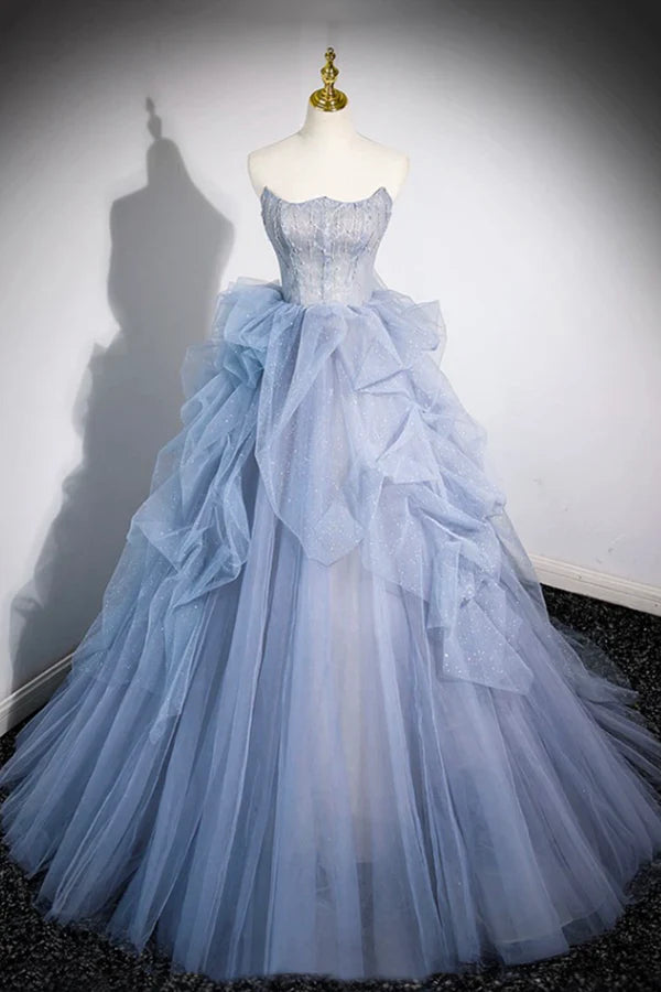 Blue Cascading Ruffles Long Prom Dresses A-Line Strapless Short Sleeve Sweep Train Evening Dress