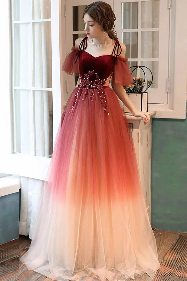 Burgundy Gradient Tulle Long Prom Dress Lovely Spaghetti Strap Evening Dress