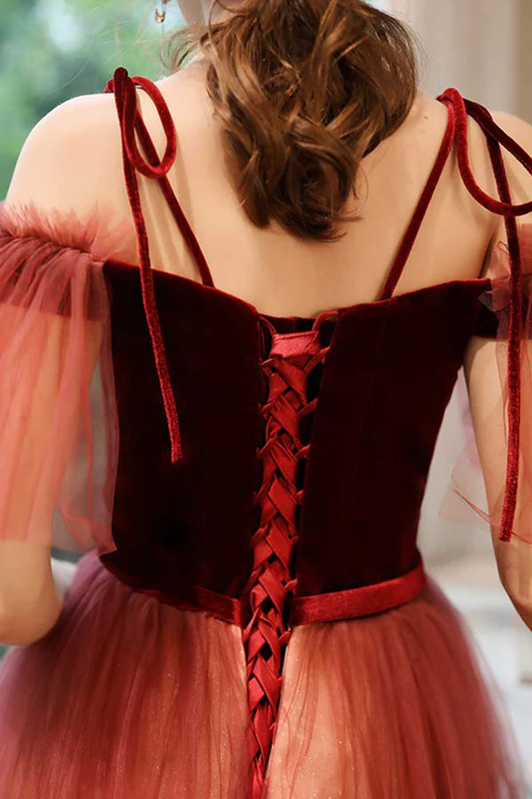 Burgundy Gradient Tulle Long Prom Dress Lovely Spaghetti Strap Evening Dress