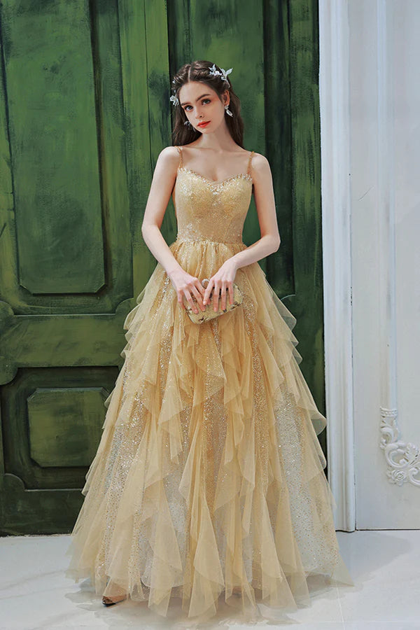 Champagne Tulle Spaghetti Strap Long Prom Dress Shiny Tulle Evening Party Dress