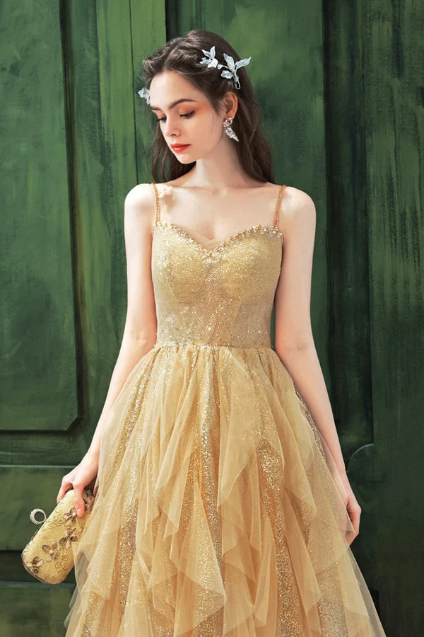 Champagne Tulle Spaghetti Strap Long Prom Dress Shiny Tulle Evening Party Dress