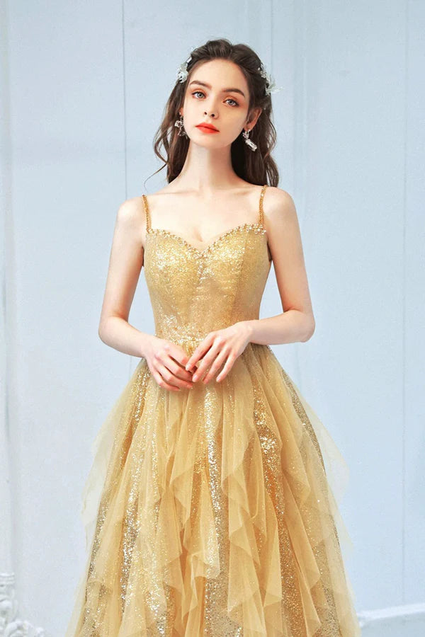 Champagne Tulle Spaghetti Strap Long Prom Dress Shiny Tulle Evening Party Dress