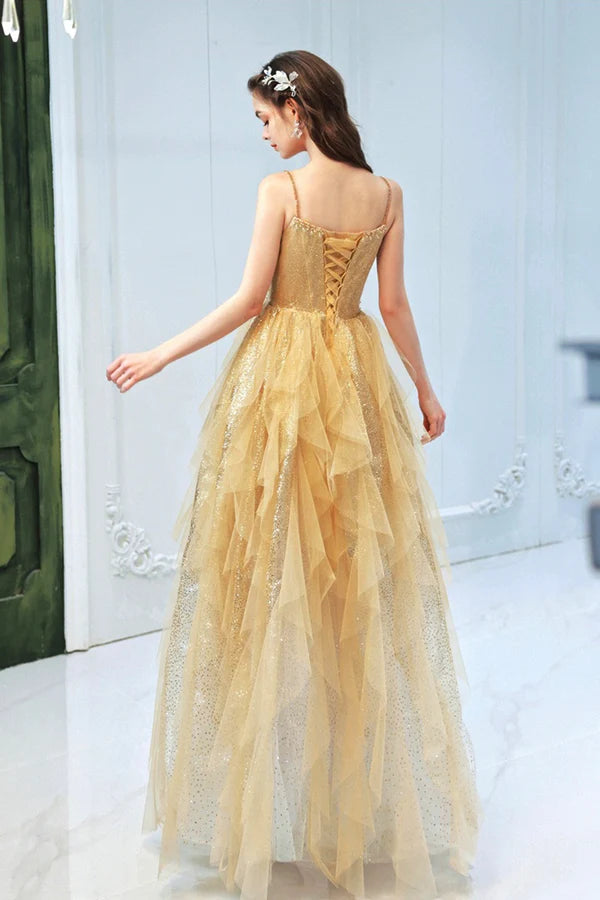 Champagne Tulle Spaghetti Strap Long Prom Dress Shiny Tulle Evening Party Dress