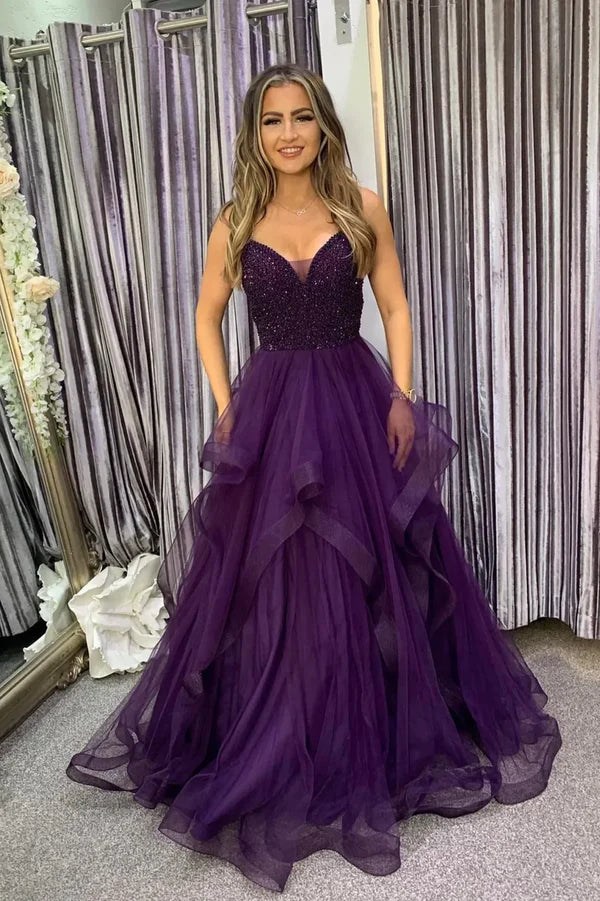 Purple Tulle Beaded Long Prom Dress V Neck Spaghetti Strap Evening Dress