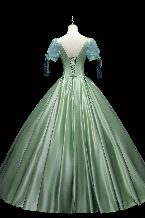 Green Satin Long A-Line Ball Gown Short Sleeve Green Formal Evening Dress