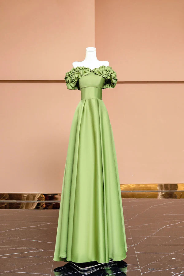 Green Satin Floor Length Prom Dress Off the Shoulder Evening Party Dress