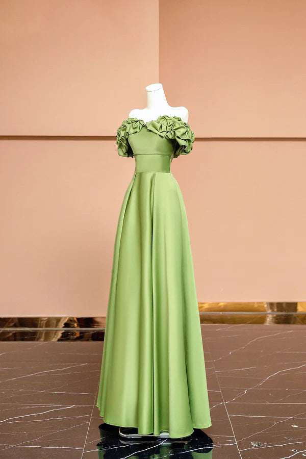 Green Satin Floor Length Prom Dress Off the Shoulder Evening Party Dress