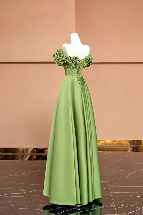 Green Satin Floor Length Prom Dress Off the Shoulder Evening Party Dress