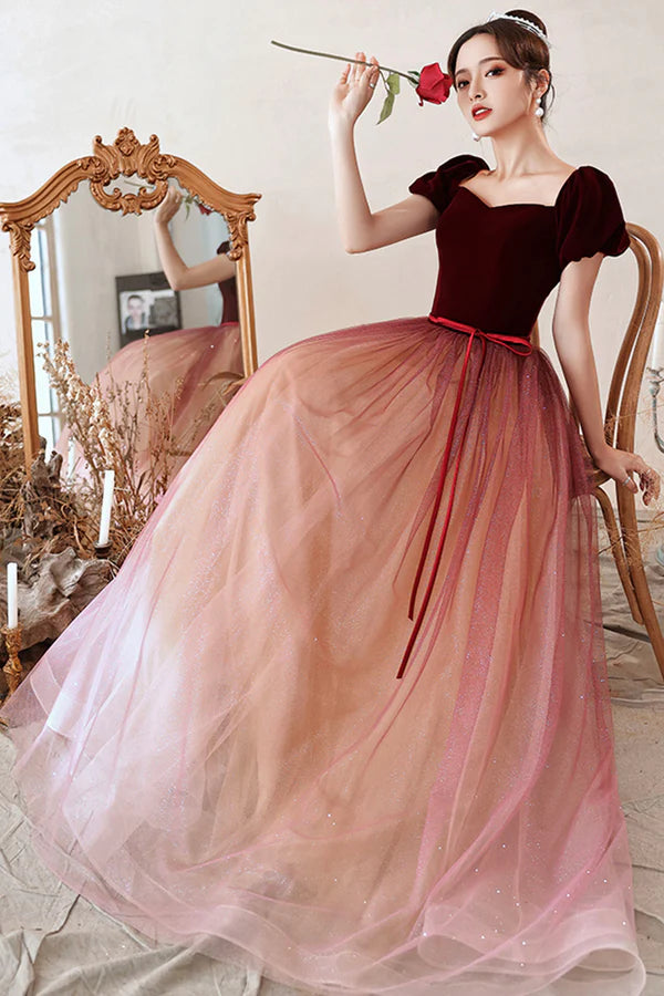 Burgundy Velvet Tulle Short Sleeves Long Formal Dress Evening Prom Event