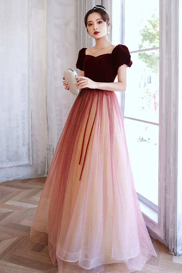 Burgundy Velvet Tulle Short Sleeves Long Formal Dress Evening Prom Event