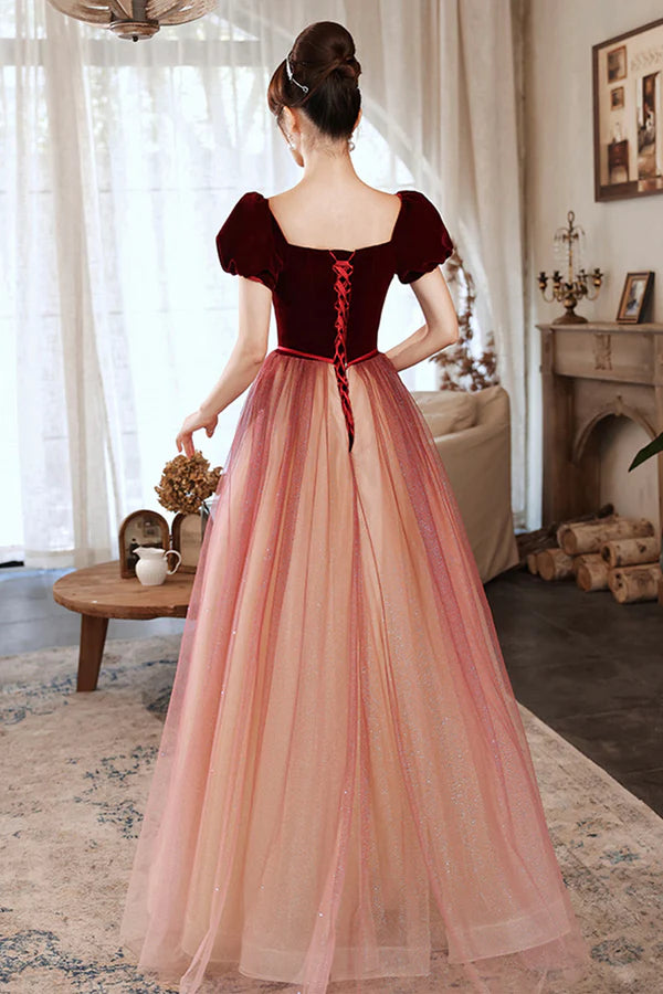 Burgundy Velvet Tulle Short Sleeves Long Formal Dress Evening Prom Event