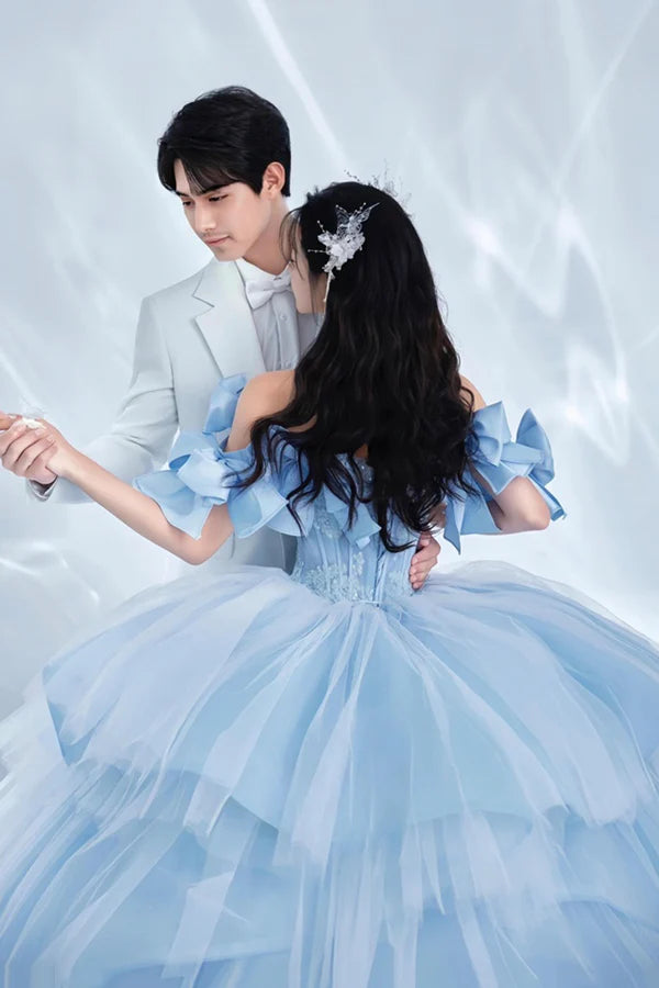 Gorgeous Blue Tulle Long Ball Gown with Bow Off the Shoulder Lace Formal Dress