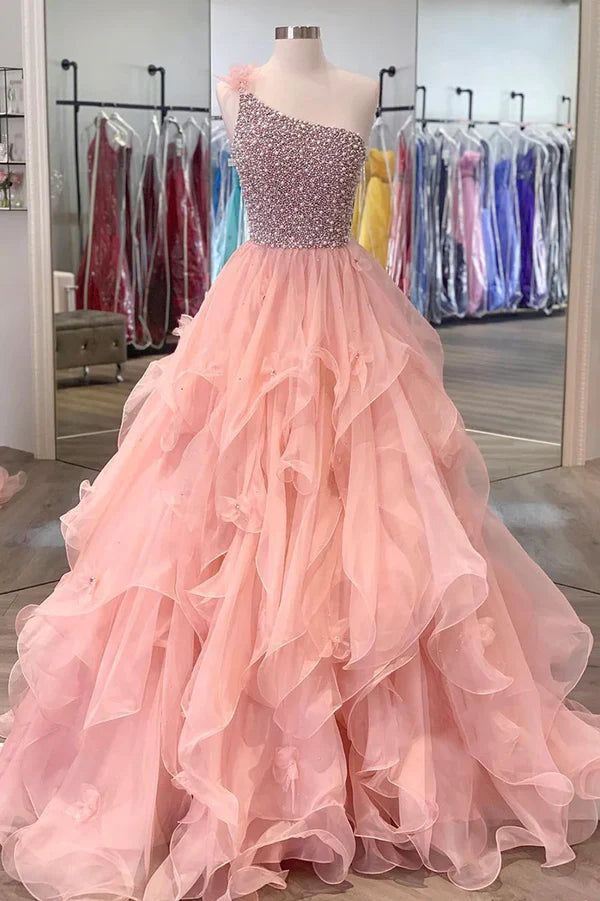 Pink One Shoulder Beaded Prom Dress Pink Tulle Layers Evening Gown