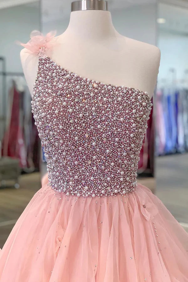 Pink One Shoulder Beaded Prom Dress Pink Tulle Layers Evening Gown