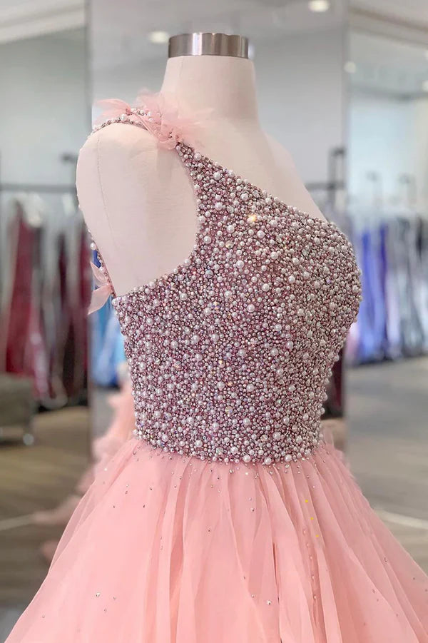 Pink One Shoulder Beaded Prom Dress Pink Tulle Layers Evening Gown