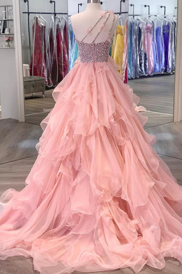 Pink One Shoulder Beaded Prom Dress Pink Tulle Layers Evening Gown
