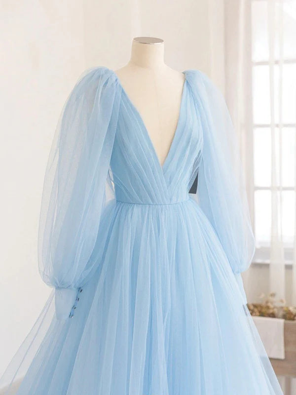 Blue V-Neck Tulle Long Prom Dress A-Line Long Sleeve Evening Dress