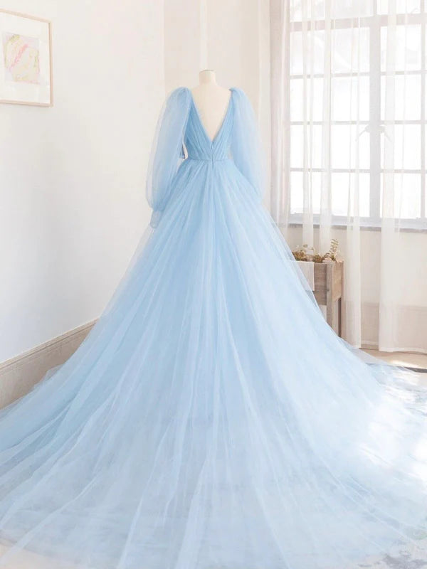 Blue V-Neck Tulle Long Prom Dress A-Line Long Sleeve Evening Dress