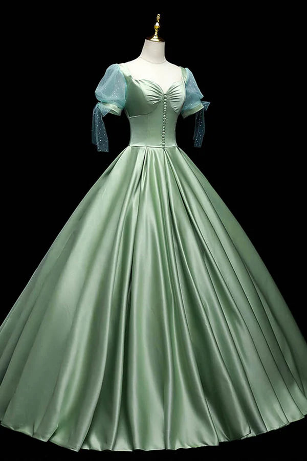 Green Satin Long A-Line Ball Gown Short Sleeve Green Formal Evening Dress
