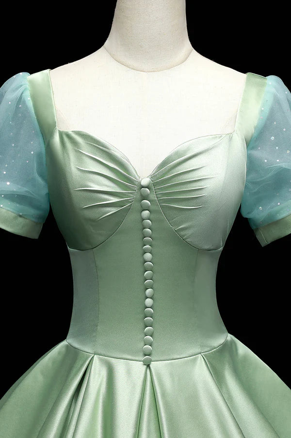 Green Satin Long A-Line Ball Gown Short Sleeve Green Formal Evening Dress