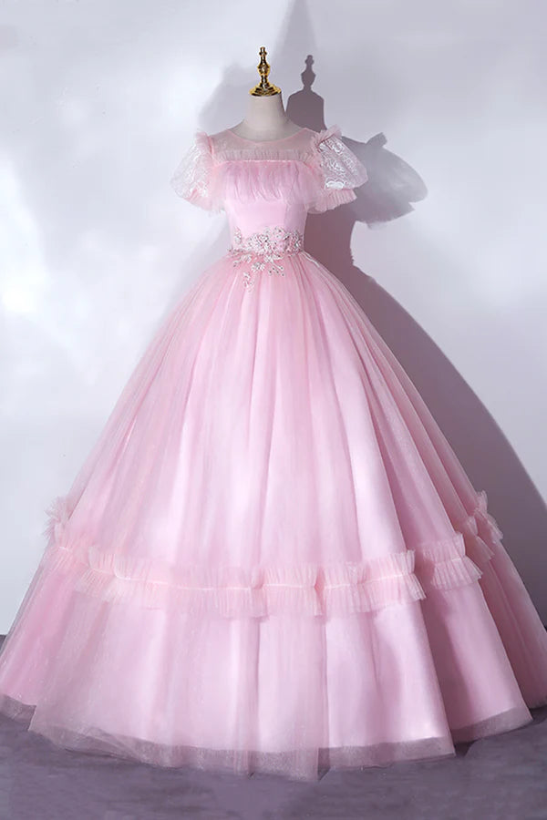 Pink Tulle Lace Long Prom Dress Lovely A-Line Short Sleeve Evening Dress