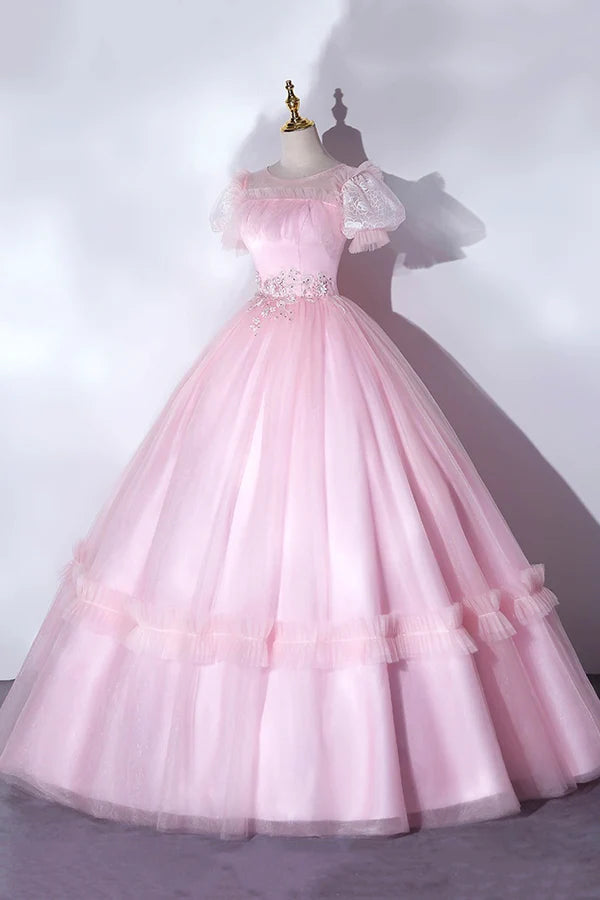 Pink Tulle Lace Long Prom Dress Lovely A-Line Short Sleeve Evening Dress
