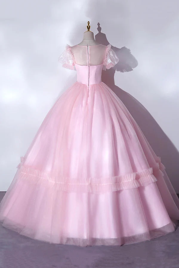 Pink Tulle Lace Long Prom Dress Lovely A-Line Short Sleeve Evening Dress