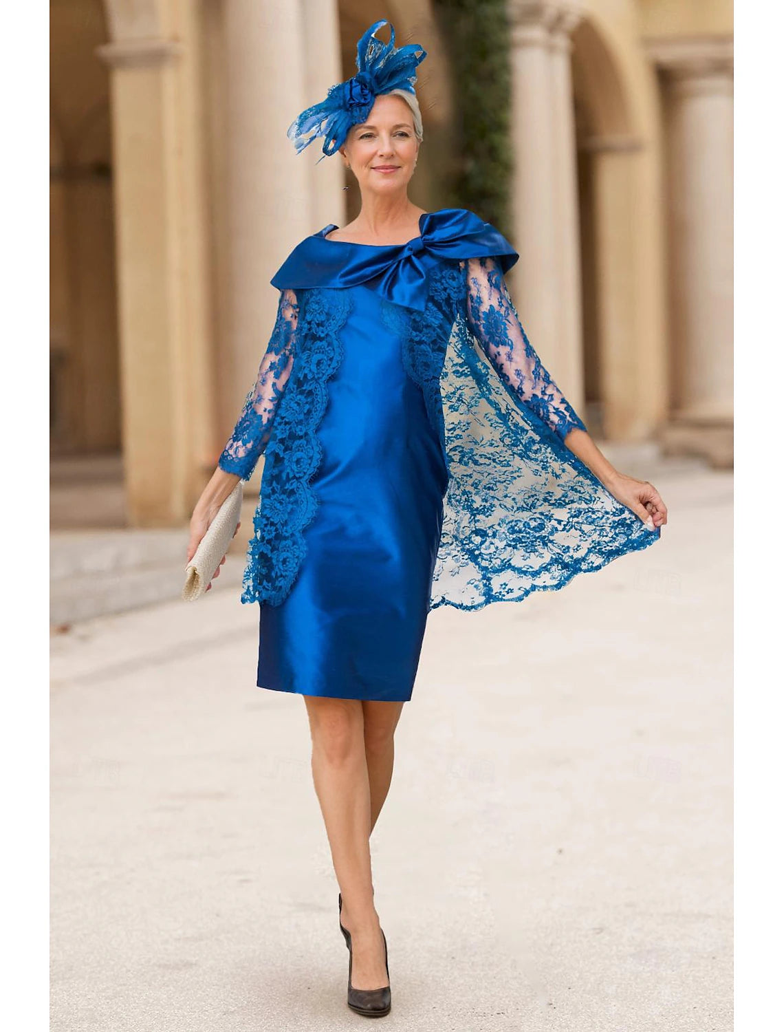 Buyishang Two Piece Sheath / Column Mother of the Bride Dress Elegant Jewel Neck Knee Length Satin Lace Sleeveless Jacket Dresses with Lace Bow(s) free custom size