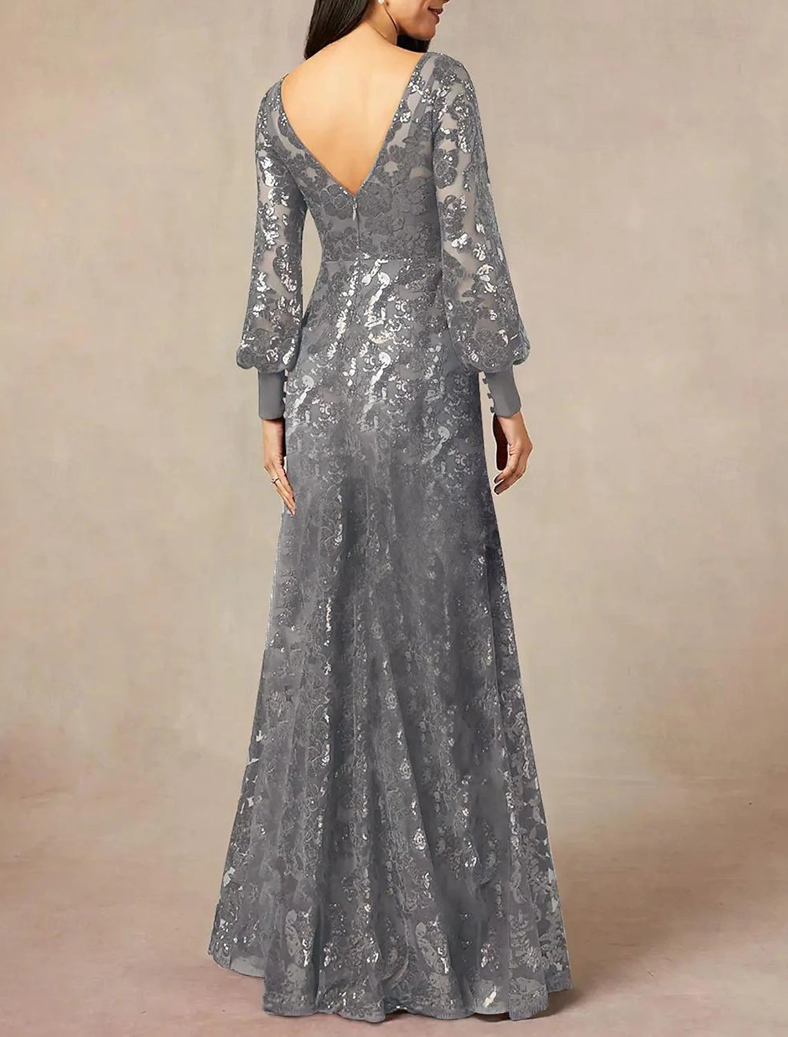Buyishang A-Line Mother of the Bride Dress Formal Wedding Guest Elegant Jewel Neck Floor Length Chiffon Sequined Long Sleeve with Sequin free custom size