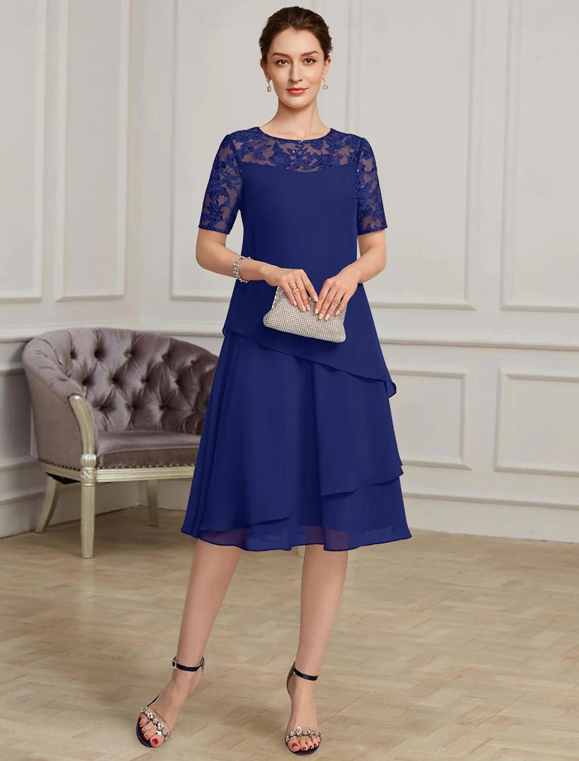 Buyishang A-Line Mother of the Bride Dress Formal Elegant Jewel Neck Tea Length Chiffon Short Sleeve with Lace free custom size