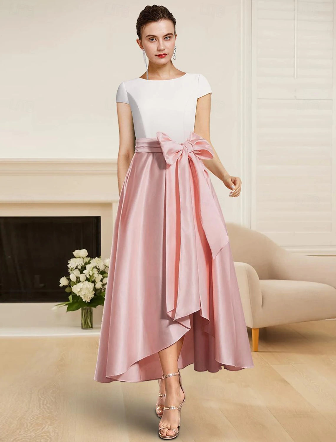 Buyishang A-Line Mother of the Bride Dress Wedding Guest Elegant High Low Jewel Neck Tea Length Satin Short Sleeve with Sash / Ribbon free custom size