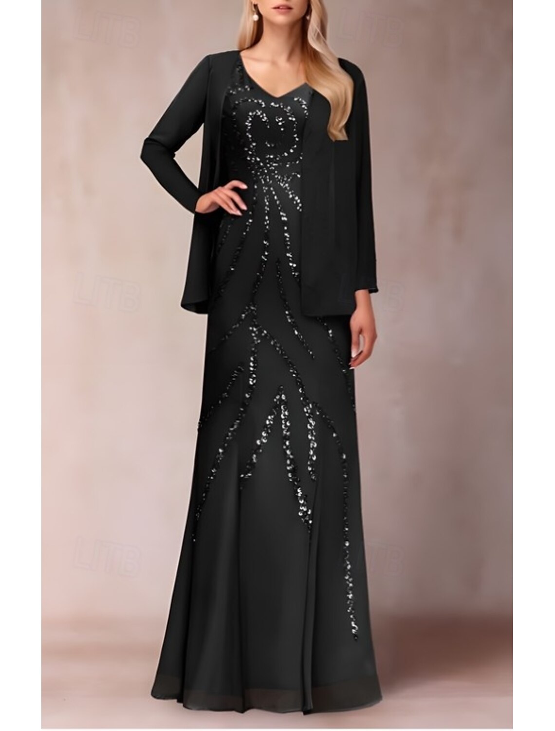 Buyishang Two Piece Sheath / Column Dress Suit Mother of the Bride Dress Elegant Sparkle & Shine V Neck Floor Length Chiffon Sequined Short Sleeve with Sequin