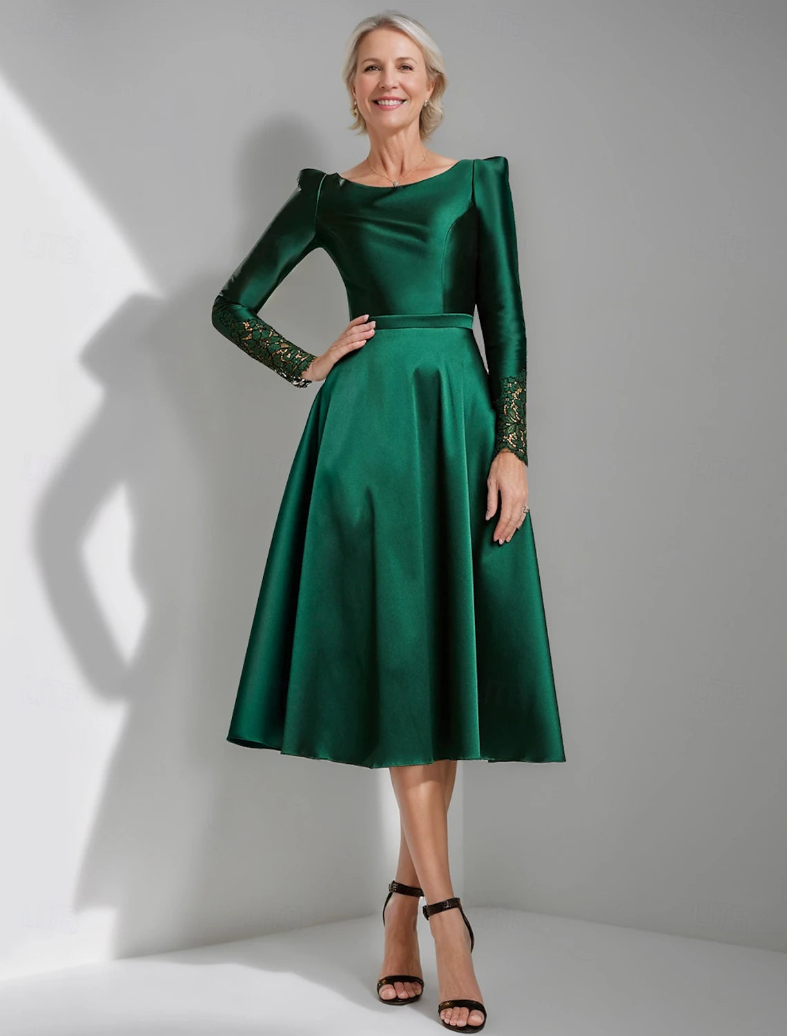 Buyishang A-Line Mother of the Bride Dress Elegant Simple Jewel Neck Tea Length Stretch Satin Long Sleeve with Lace Pleats free custom size