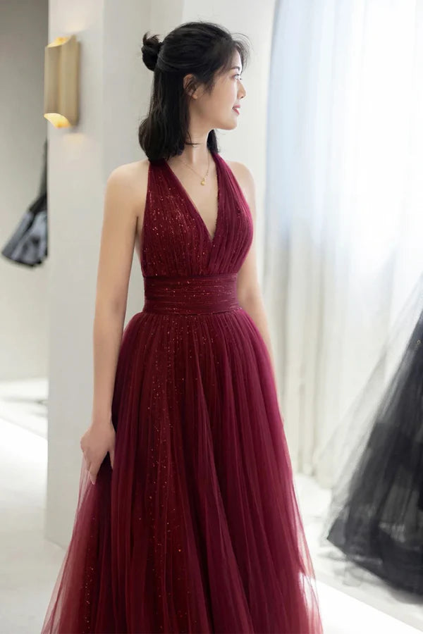 Burgundy Tulle Long A-Line Prom Dress V-Neck Backless Evening Party Dress