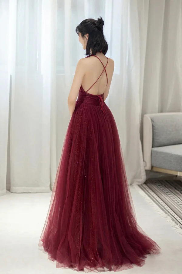 Burgundy Tulle Long A-Line Prom Dress V-Neck Backless Evening Party Dress
