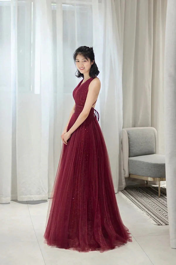 Burgundy Tulle Long A-Line Prom Dress V-Neck Backless Evening Party Dress