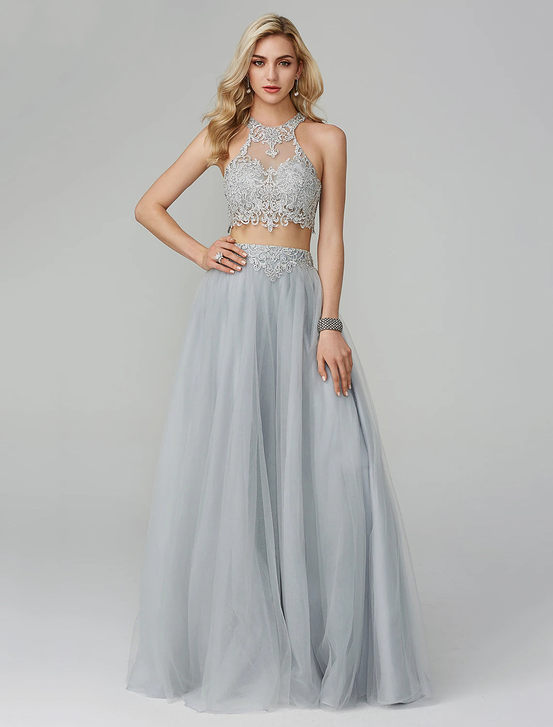 Two Piece Empire Prom Formal Evening Dress Halter Neck Sleeveless Floor Length Lace with Appliques