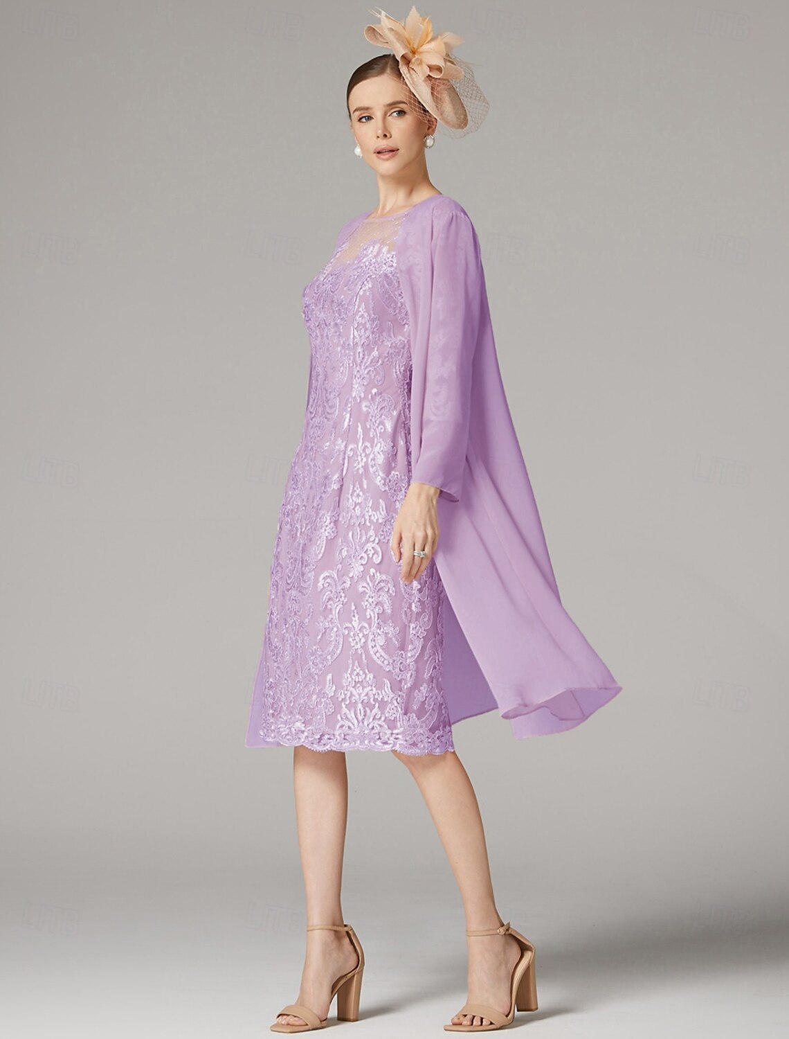 Buyishang Two Piece Sheath Dress Suit Mother of the Bride Dress Elegant Jewel Neck Knee Length Chiffon Lace 3/4 Length Sleeve Wrap Included Jacket Dresses with Beading Appliques