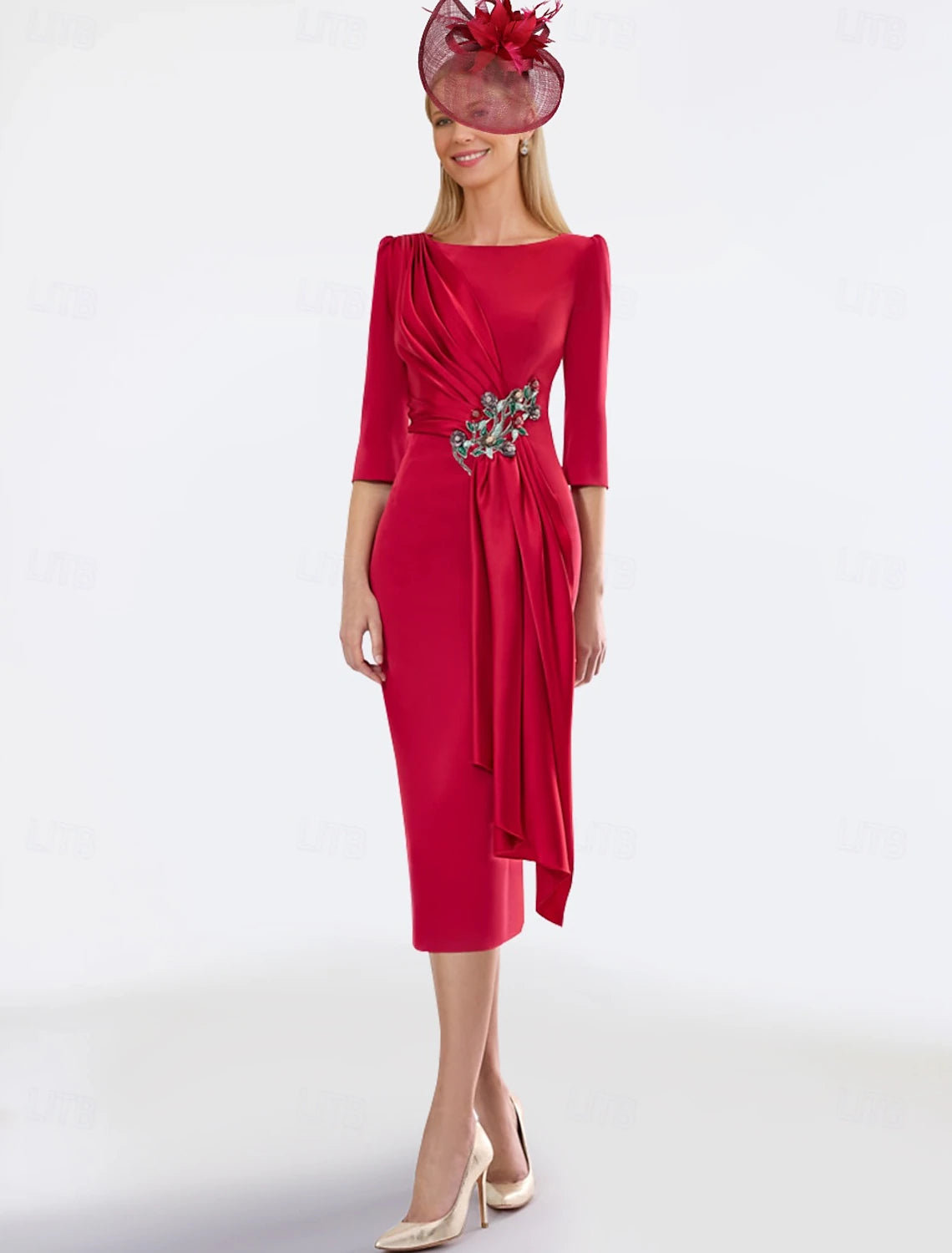 Buyishang Sheath / Column Dress Mother of the Bride Dress Elegant Jewel Neck Tea Length Satin Half Sleeve with Pleats Solid Color free custom size