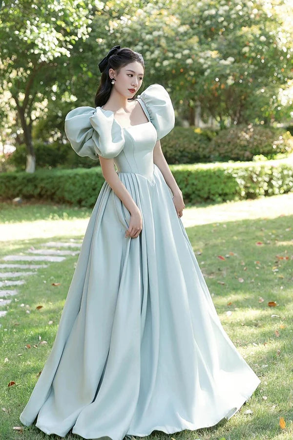 Light Green Satin Long A-Line Princess Dress Cute Short Puff Sleeves Evening Party Dress