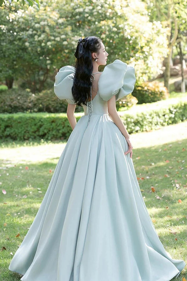 Light Green Satin Long A-Line Princess Dress Cute Short Puff Sleeves Evening Party Dress