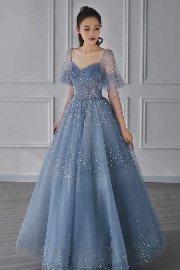 Blue Tulle Beaded Long Sleeve Prom Dress A-Line Blue Evening Party Dress