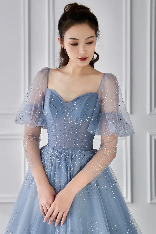 Blue Tulle Beaded Long Sleeve Prom Dress A-Line Blue Evening Party Dress
