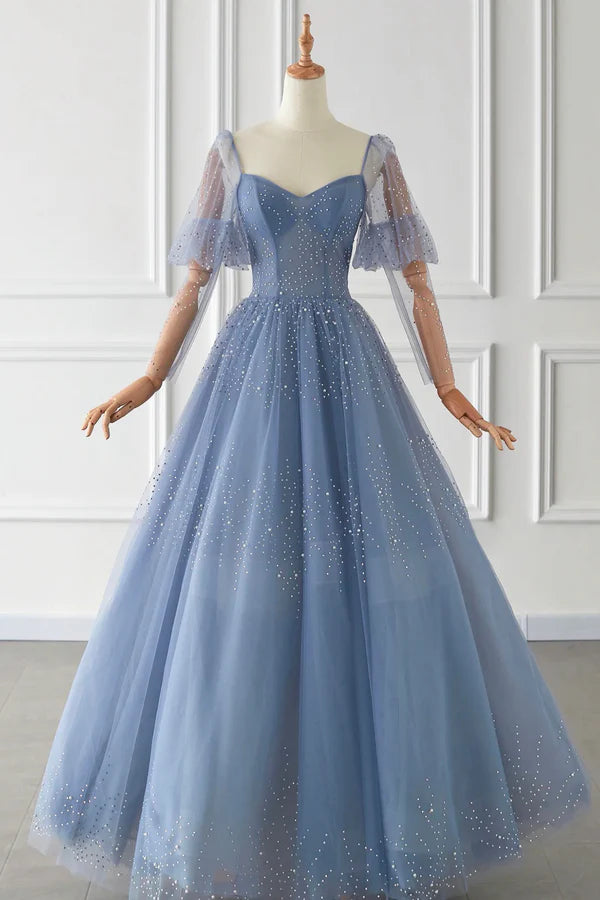 Blue Tulle Beaded Long Sleeve Prom Dress A-Line Blue Evening Party Dress