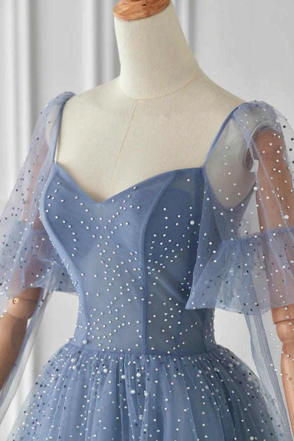Blue Tulle Beaded Long Sleeve Prom Dress A-Line Blue Evening Party Dress