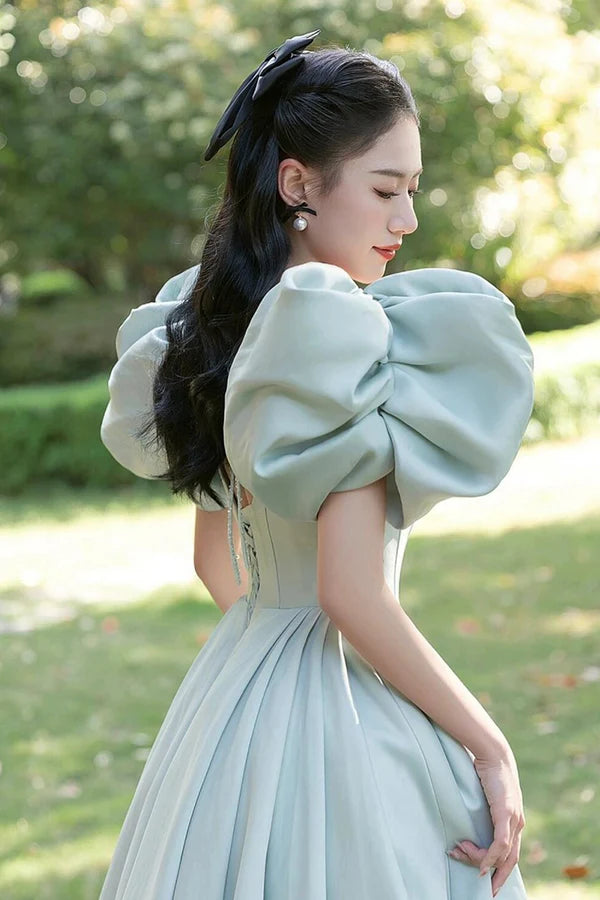 Light Green Satin Long A-Line Princess Dress Cute Short Puff Sleeves Evening Party Dress